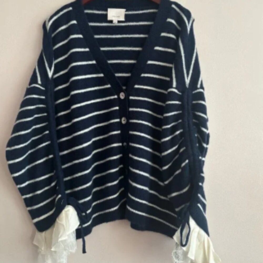 Cinq a Sept Blue and White Striped Cardigan Sweater